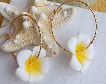 White Plumeria Flower Earrings | Twisted Hoops | Hawaiian Flower Earrings | Gold