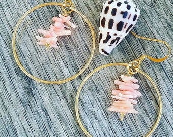 Pink Coral Earrings | Beach Jewelry | Gold Hoops | Pink coral Jewelry | Coral Stone | Hoop Dangle | Coral Stone Jewelry