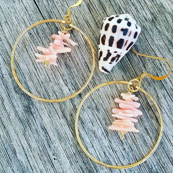 Pink Coral Earrings | Beach Jewelry | Gold Hoops | Pink coral Jewelry | Coral Stone | Hoop Dangle | Coral Stone Jewelry