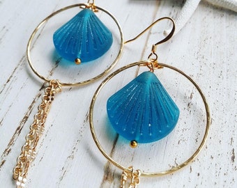 Clam Shell Sea Glass Hoop Earrings |  Teal Sea Glass Jewelry | Medium Hoop | Tropical | Gold Hoop | Dangle Earrings