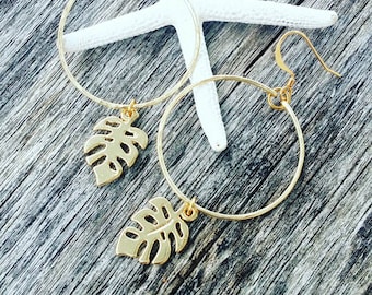 Monstera Hoops Earrings | Tropical Leaf Hoop Earrings | Gold Monstera Hoop | Women Earrings | Natured Inspired Floral Leaves