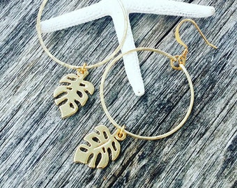 Monstera Hoops Earrings | Tropical Leaf Hoop Earrings | Gold Monstera Hoop | Women Earrings | Natured Inspired Floral Leaves