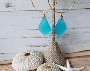 Sea Glass Hoop Earrings  | Medium Hoops | Wire Wrapped Jewelry | Blue | Sea Glass Jewelry | Gold Hoops