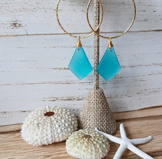 Sea Glass Hoop Earrings Medium Hoops Wire Wrapped Jewelry Blue Sea  Glass Jewelry Gold Hoops