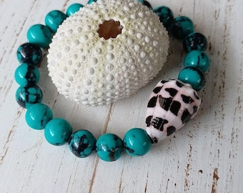 Hebrew Cone Shell Beaded Bracelets | Howlite Turquoise Gemstone Beads | Natural Gemstone | Stretchy Bracelet | Imperial | Impression
