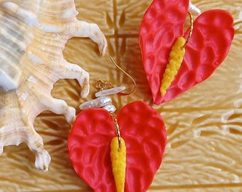 Red Anthurium Flower Earrings | Twisted Hoops | Small Hoop | Hawaiian Tropical Flower Earrings | Gold