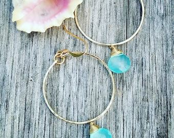 Aqua Chalcedony Teardrop Briolette Earrings | Gemstone Jewelry | Teardrop Earrings | Gold Hoops | Wire Wrapped Jewelry Gifts for Her