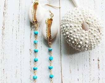 Cowrie Turquoise Dangle Earrings| Gold Jewelry| Cowrie Shell Jewelry |