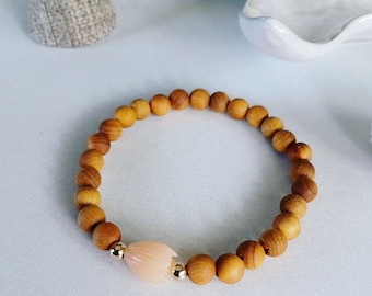 Pink Coral Pikake Flower | Sandalwood | Bracelets | Single | Stackable Bracelets | Stretchy Bracelets | 14K Gold Filled