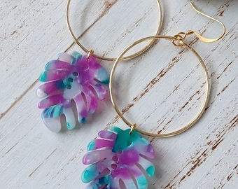 Monstera Earrings | Multi Color | Leaf Earrings | Purple | Tortoise Acrylic Monstera | Medium Hoops | Tropical | Gold Hoop Earring | Silver