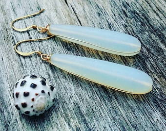 Moonstone Opal Sea Glass Earrings | Wire Wrapped Jewelry | Sea Glass Jewelry