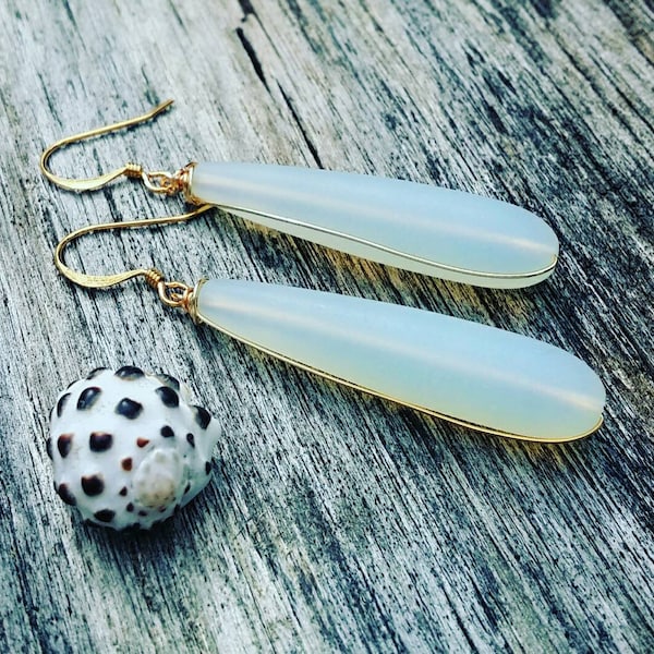 Moonstone Opal Sea Glass Earrings | Wire Wrapped Jewelry | Sea Glass Jewelry