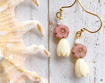 Pikake Flower Earrings | Czech Hibiscus | Mother of Pearl | Small Flower Earrings | Floral | Gold | Silver