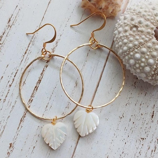 Mother Of Pearl Earring Hoops | Heart | Medium Hoop |  Earrings | Gold Hoops | Silver