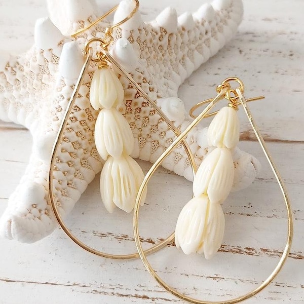 Pikake Flower Teardrop Hoop | Cream | Small Flower Earrings | Hawaiian Flower Earrings | Gold | Silver | Gold Filled | Sterling Silver