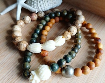 Pikake | Pineapple | Pearl | Beaded Bracelets | Hawaiian Flower | Sandalwood | Picture Jasper Gemstone | Stretchy | Green Wood | 6mm