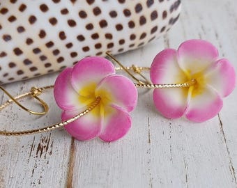 Pink Plumeria Flower Earrings | Twisted Hoops | Hawaiian Flower Earrings | Gold