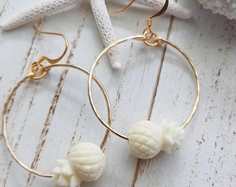 Cream Pineapple Earrings | Tropical | Fruit Earrings | Medium Hoop | Luau Jewelry