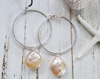Pearl Earring Hoops | Coin Pearls | Pearl Jewelry | Medium Hoops  | Sterling Silver