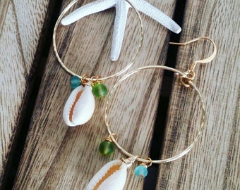 Cowrie Hoops| Cowry Hoop Earrings| Medium Hoops| Gold Jewelry| Cowrie Shell Jewelry | Sea Glass | Hoop Earring with Cowrie Shell