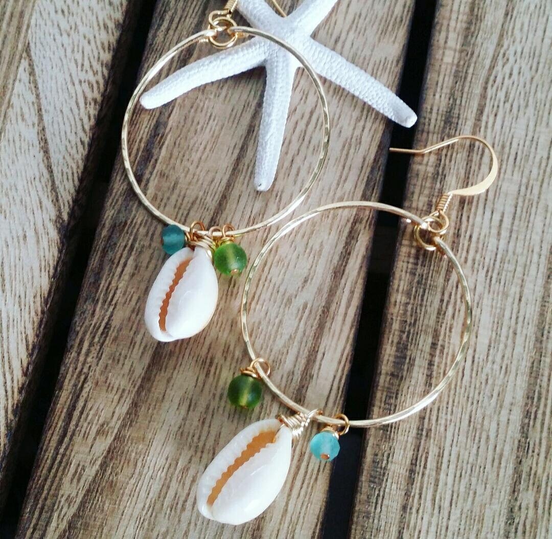 Cowrie Hoops, Cowry Hoop Earrings, Medium Hoops, Gold Jewelry, Cowrie Shell  Jewelry, Sea Glass