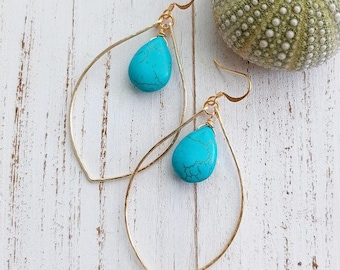 Turquoise Marquise Style Earrings | Teardrop | Howlite | Gold