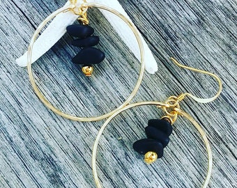 Black Sea Glass Hoops Earrings | Medium Hoops | Sea Glass Jewelry | Frosted Sea Glass | Gold Hoops | Silver Hoops | Beachy Jewelry |