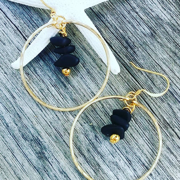 Black Sea Glass Hoops Earrings | Medium Hoops | Sea Glass Jewelry | Frosted Sea Glass | Gold Hoops | Silver Hoops | Beachy Jewelry |