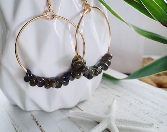 Mongo Bean Shell Hoop Earrings | Medium Hoops | Green Shell Jewelry | Beaded | Shell Jewelry|  Beachy Jewelry | Gold | Silver