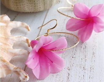 Pink Flower Hoop Earrings | Gold Hoops | Hawaiian Flower | Beachy | Luau | Tropical | Gold