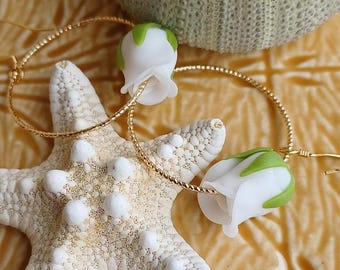 White Rose Flower Earrings | Twisted Hoops | Flower Earrings | Gold