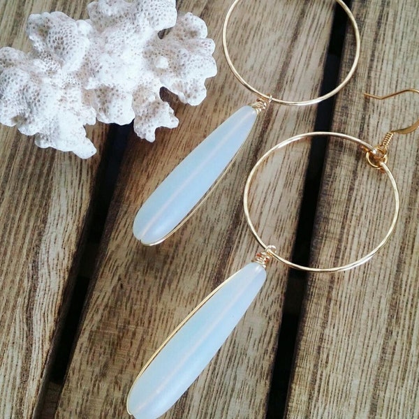 Opal Sea Glass Hoop Earrings | Medium Hoops |  Moon Stone Opal | Sea Glass Jewelry | Shell Jewelry | Gold | Silver