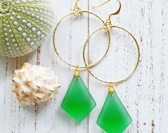 Sea Glass Hoop Earrings  | Medium Hoops | Wire Wrapped Jewelry | Coke bottle | Sea Glass Jewelry | Gold Hoops