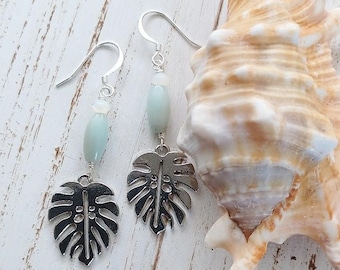 Monstera Earrings | Silver Leaf Earrings | Amazonite | Shell Earrings| Tropical