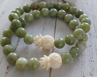 Green Jade | Pineapple |  Beaded Bracelets  | Gemstone Beads | Stretchy Bracelet