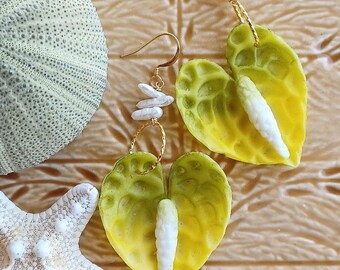 Green Anthurium Flower Earrings | Twisted Hoops | Small Hoop | Hawaiian Tropical Flower Earrings | Gold