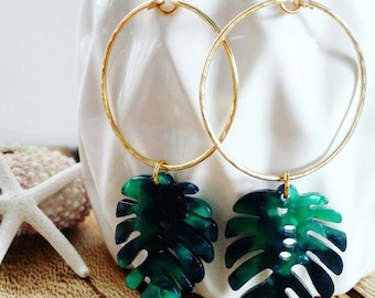 Monstera Earrings | Leaf Earrings | Tortoise Acrylic Monstera | Medium Hoops | Tropical | Gold Hoop Earring | Silver