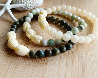 Pikake Wooded Bracelets | Hawaiian Flower | Yellow Jade | Jade | Gemstone | Stretchy Bracelets | Green Wood