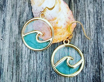 Turquoise Wave Earrings | Gold Wave Earrings | Small | Surf | Ocean | Glazed | Surf Earrings | Ocean Wave Jewelry