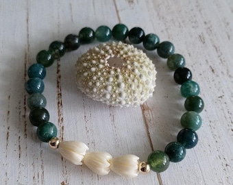 Triple Pikake Flower | Moss Agate  | Bracelets | Single | Stackable Bracelets | Stretchy Bracelets | 14K Gold Filled