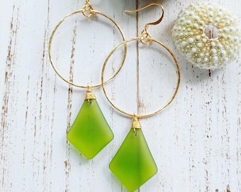 Sea Glass Hoop Earrings  | Medium Hoops | Wire Wrapped Jewelry | Green | Sea Glass Jewelry | Gold Hoops