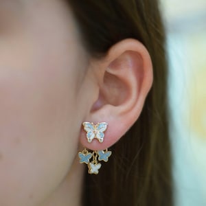 Delicate Butterfly Ear Jackets choose Pearl Blue or Pink Hand-Painted Enamel Dangle Butterfly Earrings Hypoallergenic Stainless Steel Posts