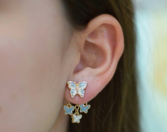 Delicate Butterfly Ear Jackets choose Pearl Blue or Pink Hand-Painted Enamel Dangle Butterfly Earrings Hypoallergenic Stainless Steel Posts