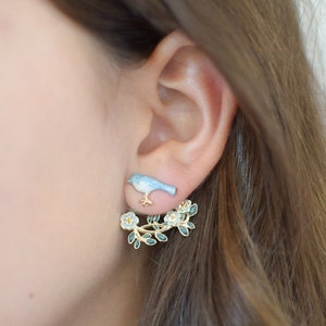 Cute Bird On Branch Front-Back Earrings Nature-Inspired Ear Jackets Hypoallergenic Surgical Steel Hand-Painted Unique Gift Blue/Pink Options