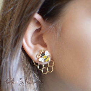 Honeycomb Bee Ear Jackets, Hypoallergenic Enamel Earrings
