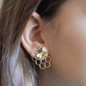 Golden Bee and Honeycomb FrontBack Earrings Unique & Trendy Bee Ear Jackets Hypoallergenic Nickel Free Light Weight Bumble Bee Fun Design