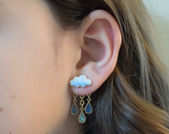 Original Cloud and Raindrop Front-Back Earrings Hand-Painted Enamel in Gold and Silver Finish Hypoallergenic Nickel-Free Giftable Jewelry