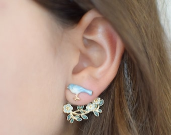 Hand-Painted Bird on Branch Earrings, Surgical Steel, Nature Inspired