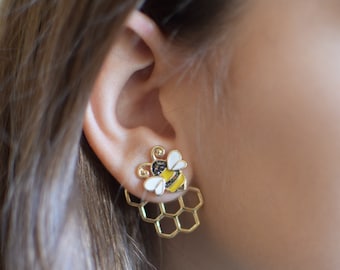 Golden Bee and Honeycomb FrontBack Earrings Unique & Trendy Bee Ear Jackets Hypoallergenic Nickel Free Light Weight Bumble Bee Fun Design