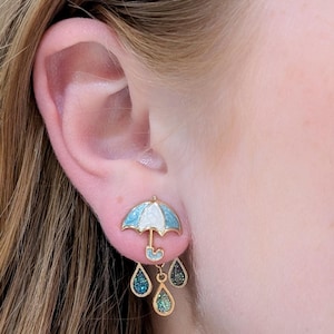 Umbrella Raindrop Earrings Front Back Design Hypoallergenic Nickel-Free Jewelry Hand-Painted Enamel Weather Inspired Adorable Earrings